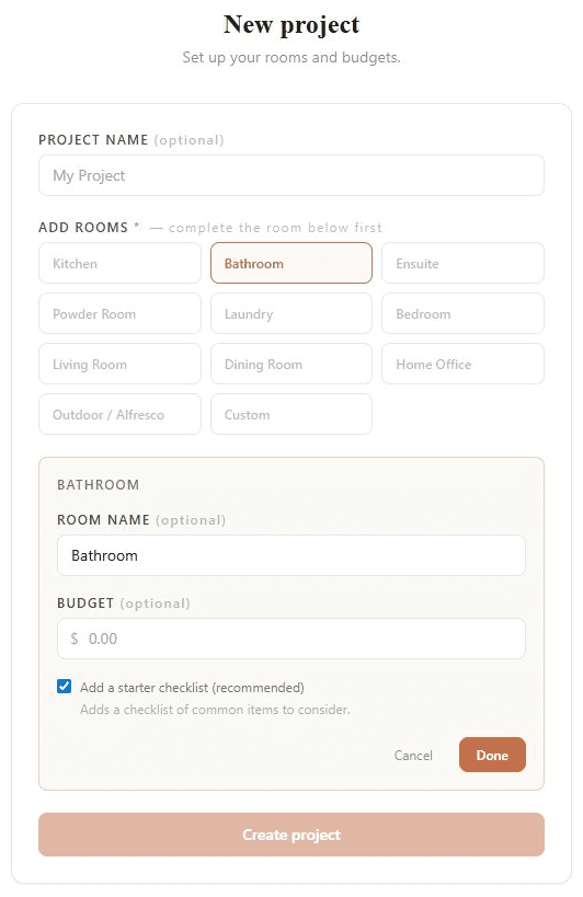 SpendFrame new project setup screen