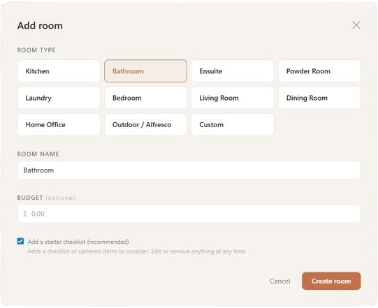 SpendFrame add room dialog