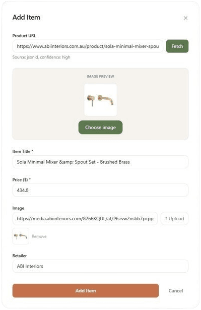 SpendFrame add item form with auto-filled product details