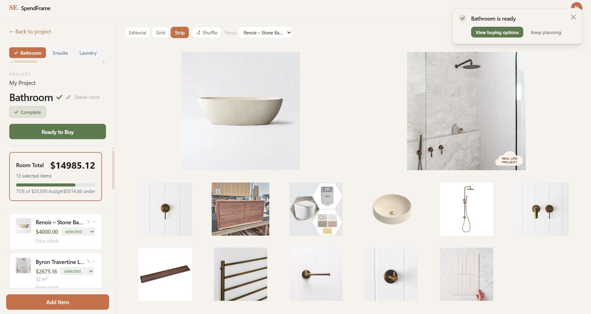 SpendFrame mood board with items arranged in strip layout