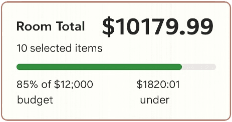 SpendFrame room total budget tracker showing amount under budget
