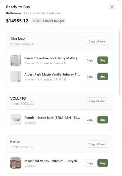 SpendFrame ready to buy panel grouped by retailer